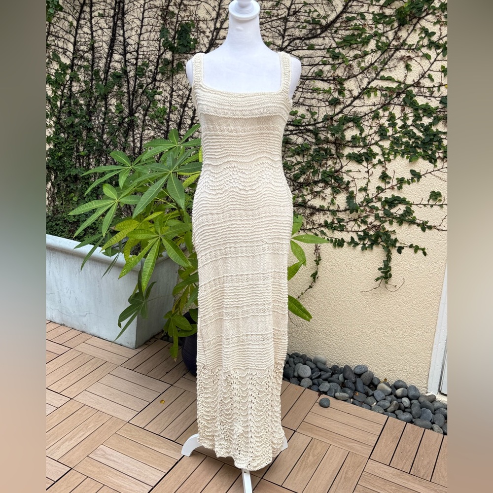 Crochet knitted ivory sleeveless long summer dress